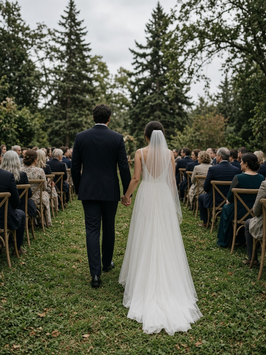 Two people walking away down a grassy aisle between wooden chairs