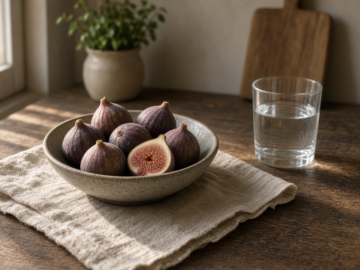 A stoneware bowl of figs on a linen cloth in morning side light