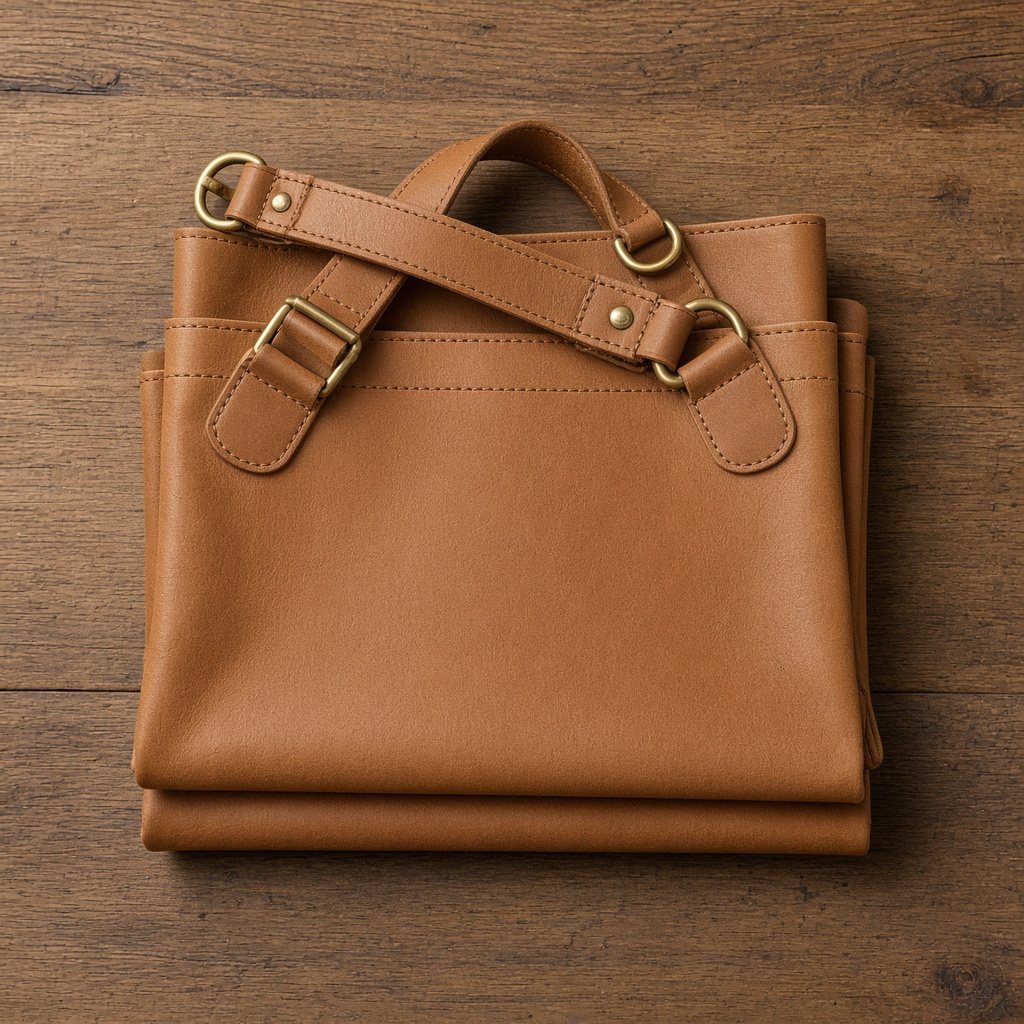 A folded tan leather work apron with brass hardware