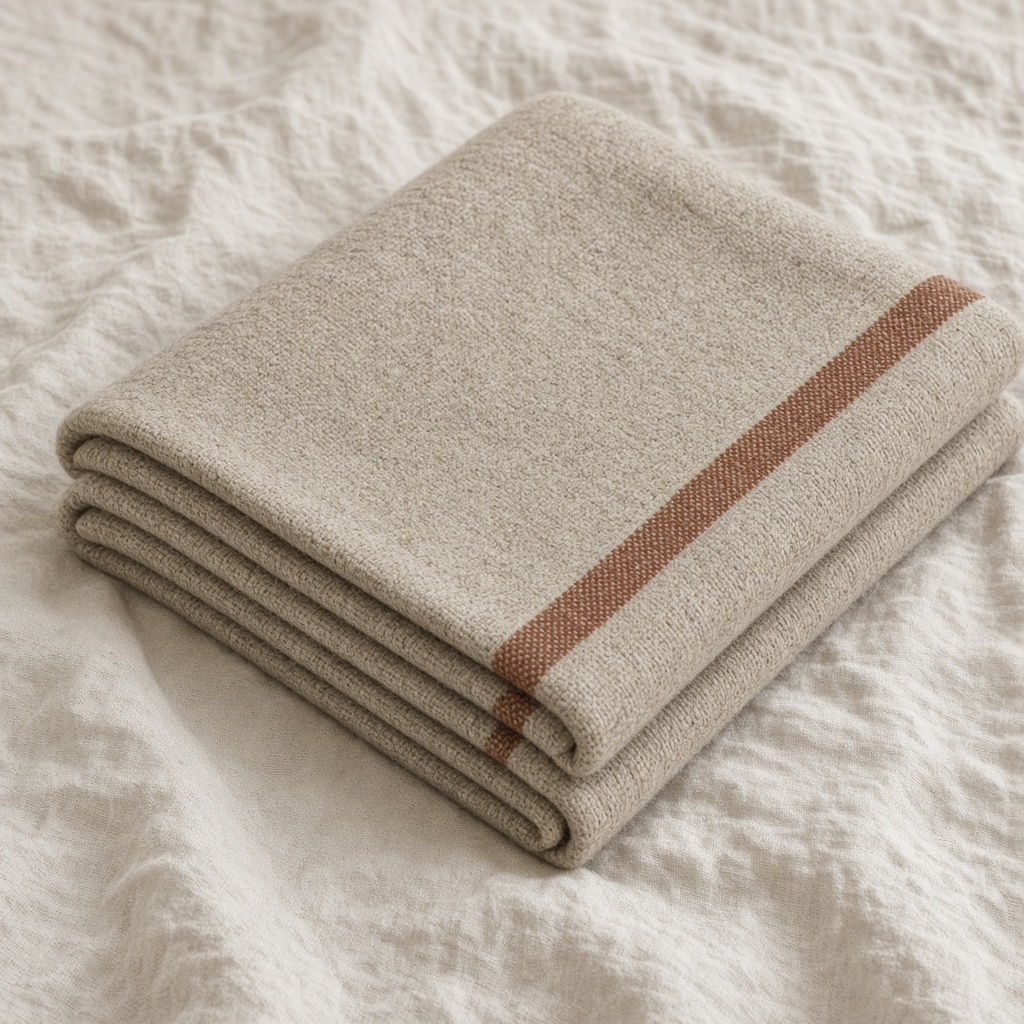 A folded oatmeal wool blanket with a rust-colored stripe
