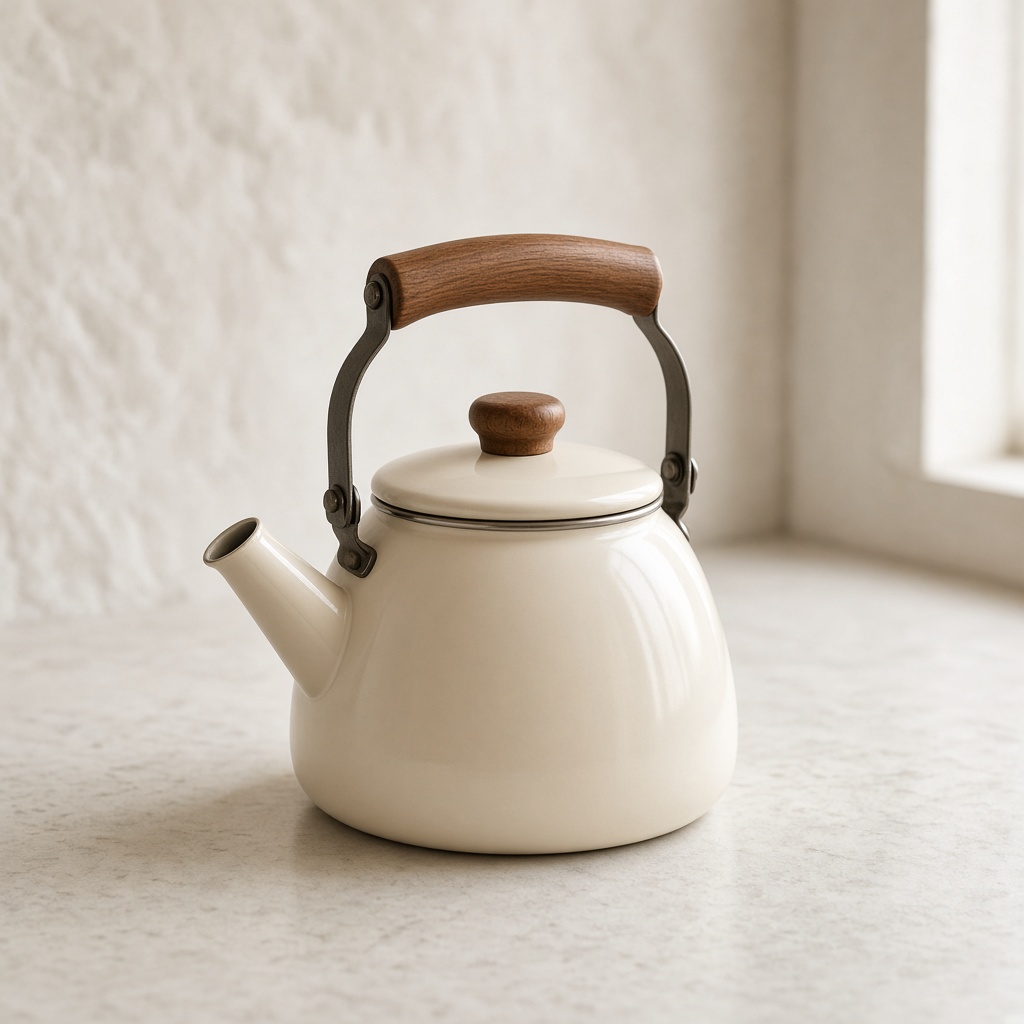 A cream enamel kettle with a wooden handle on a stone counter