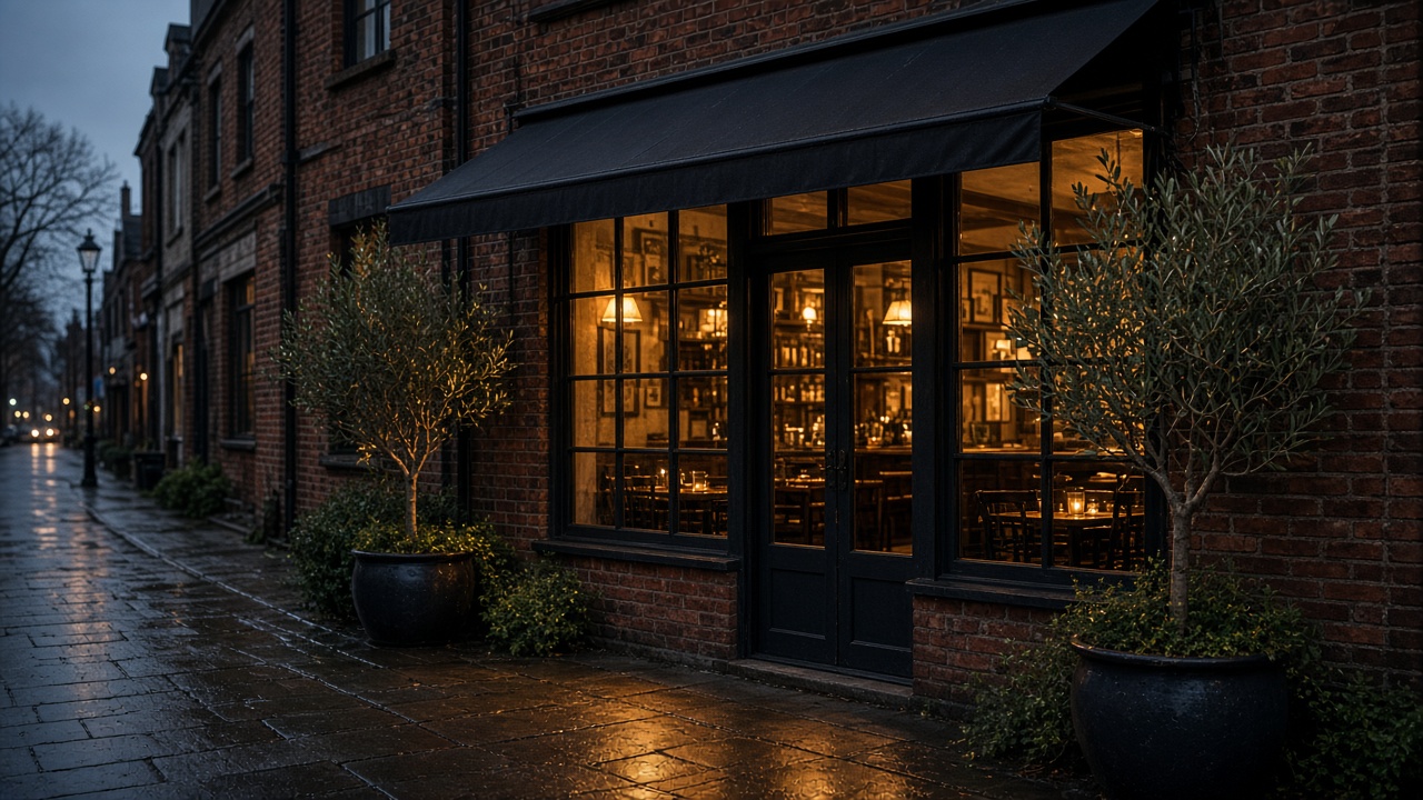 Luma’s brick storefront at dusk, warm light in the windows and wet sidewalk