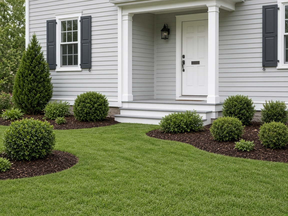 A tidy lawn and clipped shrubs in fresh mulch in front of a gray house