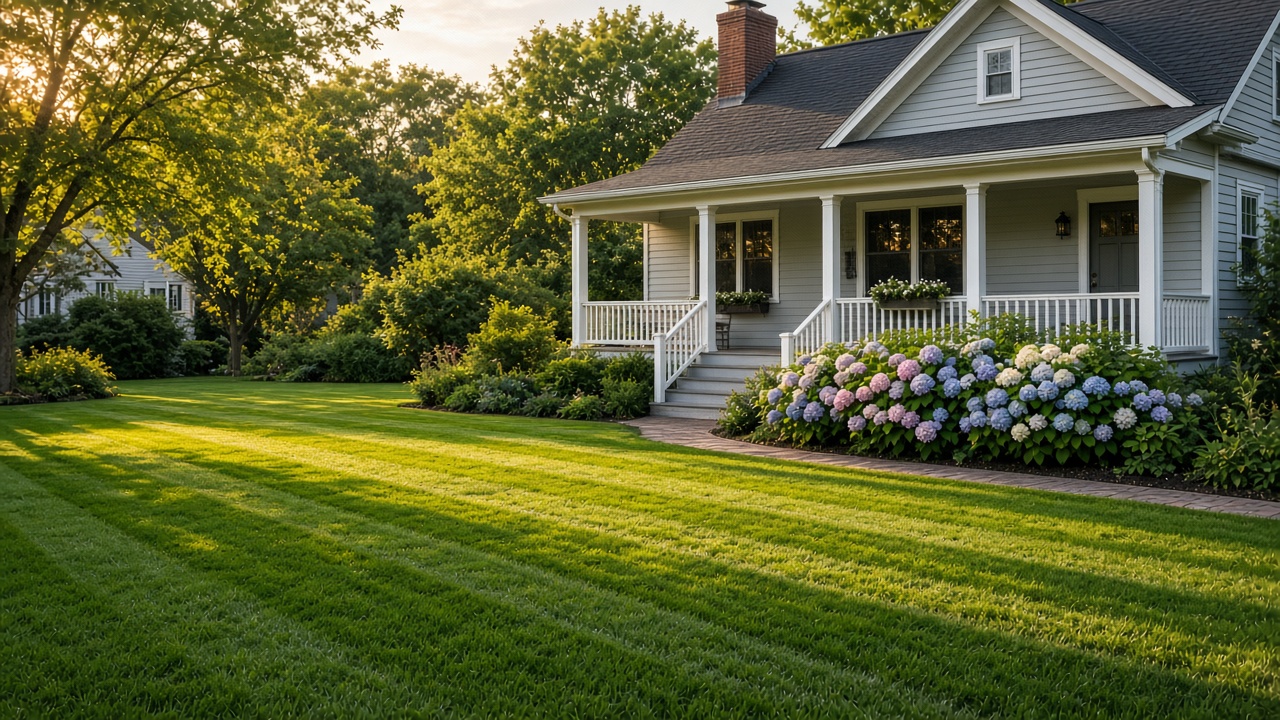 A freshly cut front lawn with mowing stripes in front of a house